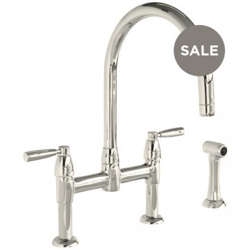 Io 2 hole bench mounted sink mixer with round spout, metal lever taps & spray rinse