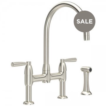 Io 2 hole bench mounted sink mixer with round spout, metal lever taps & spray rinse
