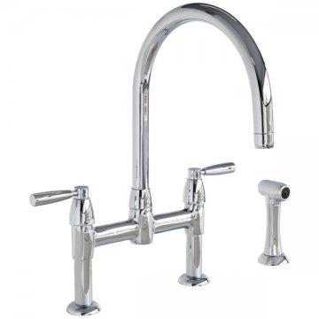 Io 2 hole bench mounted sink mixer with round spout, metal lever taps & spray rinse