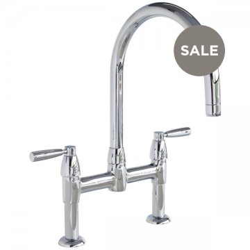 Io 2 hole bench mounted sink mixer with round spout & metal lever taps