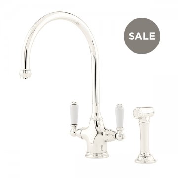 Phoenician 1 hole sink mixer with white porcelain lever taps & spray rinse