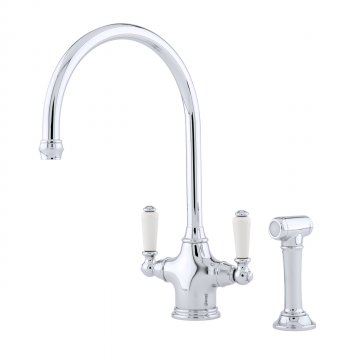 Phoenician 1 hole sink mixer with white porcelain lever taps & spray rinse