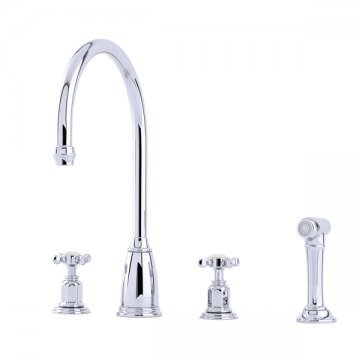 Athenian four hole sink mixer with crossheads and spray rinse