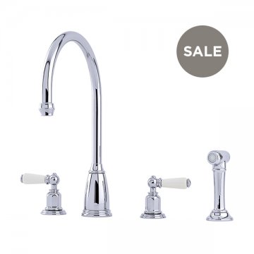 Athenian 4 hole sink mixer with porcelain lever taps & spray rinse