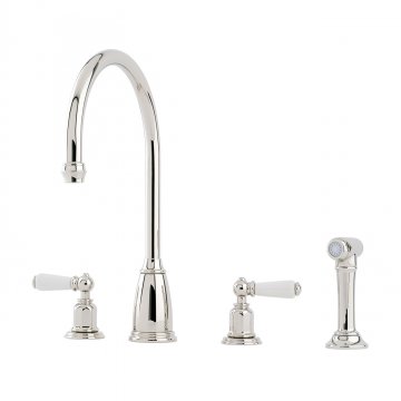 Athenian four hole sink mixer with porcelain levers and spray rinse