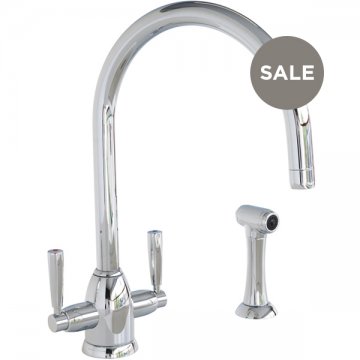 Oberon 1 hole sink mixer with round spout, lever taps & spray rinse