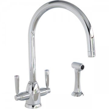 Oberon one hole sink mixer with twin levers, round spout and spray rinse
