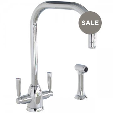 Oberon 1 hole sink mixer with square spout, lever taps & spray rinse