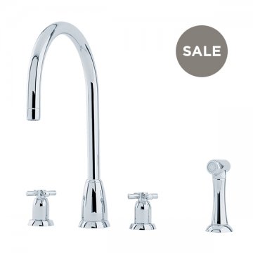 Callisto 4 hole sink mixer with round spout, crosshead taps & spray rinse