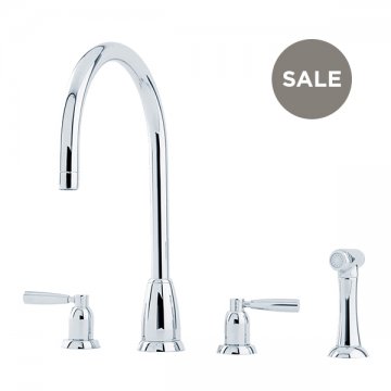 Callisto 4 hole sink mixer with round spout, metal lever taps & spray rinse