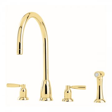 Callisto four hole sink mixer with metal levers, round spout and spray rinse