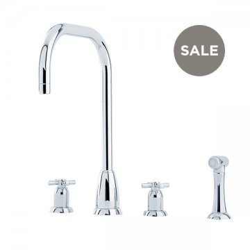 Callisto 4 hole sink mixer with square spout, crosshead taps &spray rinse
