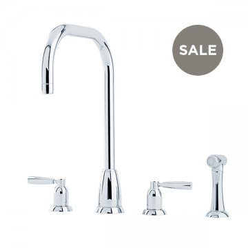 Callisto 4 hole sink mixer with square spout, metal lever taps & spray rinse