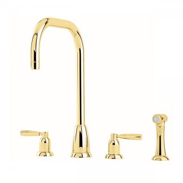 Callisto 4 hole sink mixer with square spout, metal lever taps & spray rinse