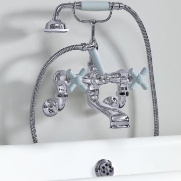 Rockwell wall-mounted bath mixer with handshower & metal/coloured crosshead taps