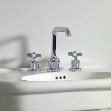 Rockwell 3 hole basin mixer with high spout & metal/coloured crosshead taps