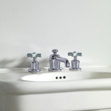 Rockwell 3 hole basin mixer with low spout & metal/coloured crosshead taps