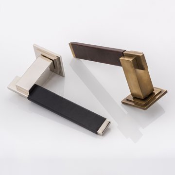 HOLMES II solid brass door lever handle with hand stitched bridle leather & square stepped rose