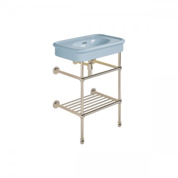 Rockwell 610mm Powder Blue basin on basin stand with shelf. Zero, one or three tap holes.
