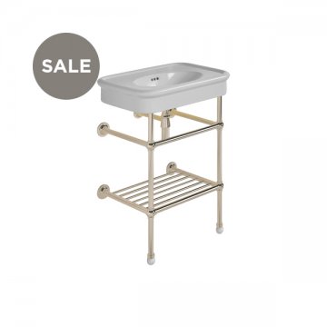 Rockwell 610mm Seattle Grey basin on basin stand with shelf. Zero, one or three tap holes.