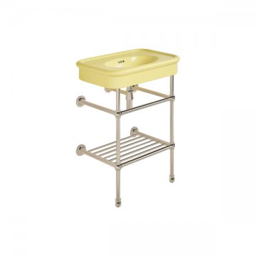 Rockwell 610mm Sherbet Yellow basin on basin stand with shelf. Zero, one or three tap holes.