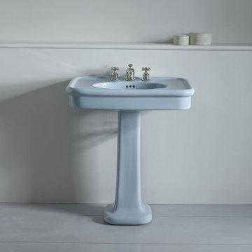 Rockwell 610mm Powder Blue basin on pedestal. Zero, one or three tap holes.