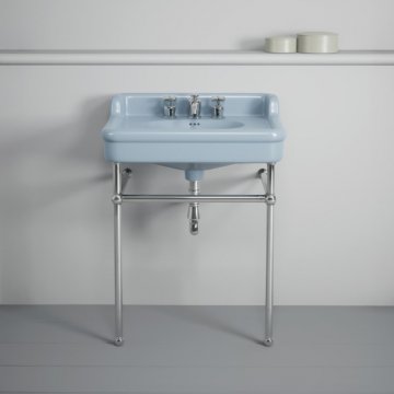 Rockwell 680mm Powder Blue basin with upstand on basin stand. Zero, one or three tap holes.