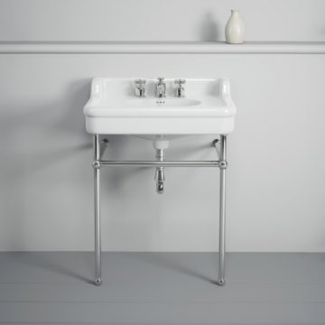 Rockwell 680mm White basin with upstand on basin stand. Zero, one or three tap holes.