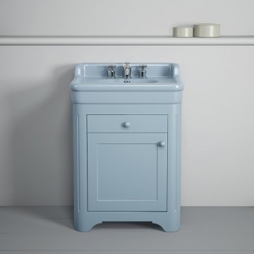 Rockwell 680mm basin with upstand in Powder Blue on timber cabinet
