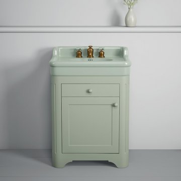 Rockwell 680mm basin with upstand in Willow Green on timber cabinet