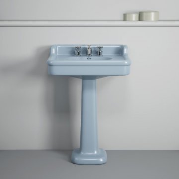 Rockwell 680mm basin with upstand in Powder Blue on pedestal