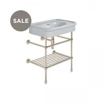 Rockwell 750mm Seattle Grey basin on basin stand with shelf. Zero, one or three tap holes