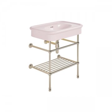 Rockwell 750mm Pale Pink basin on basin stand with shelf. Zero, one or three tap holes