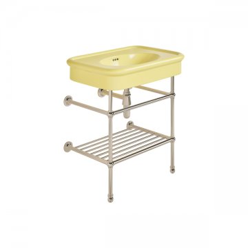 Rockwell 750mm Sherbet Yellow basin on basin stand with shelf. Zero, one or three tap holes