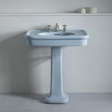 Rockwell 750mm Powder Blue basin on pedestal. Zero, one or three tap holes.