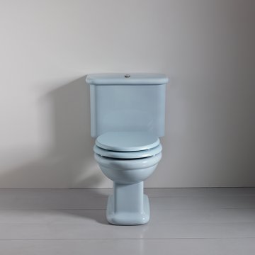Rockwell toilet with close-coupled cistern & pan w horizontal outlet. Blue