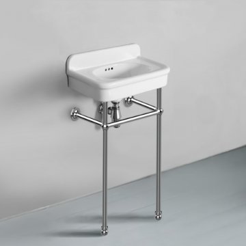 Rockwell Cloakroom Basin 480w x 300d in Snowdrop White on basin stand. Zero, one or two tap holes.