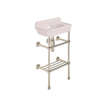 Rockwell Cloakroom Basin 480w x 300d in Pale Pink on basin stand with shelf. Zero, one or two tap holes.