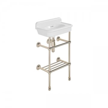 Rockwell Cloakroom Basin 480w x 300d in Snowdrop White on basin stand with shelf. Zero, one or two tap holes.