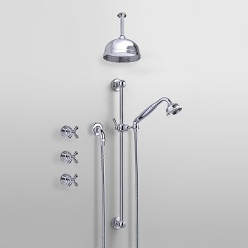ROCKWELL - Shower layout - ceiling arm, rose, handshower on rail & xheads