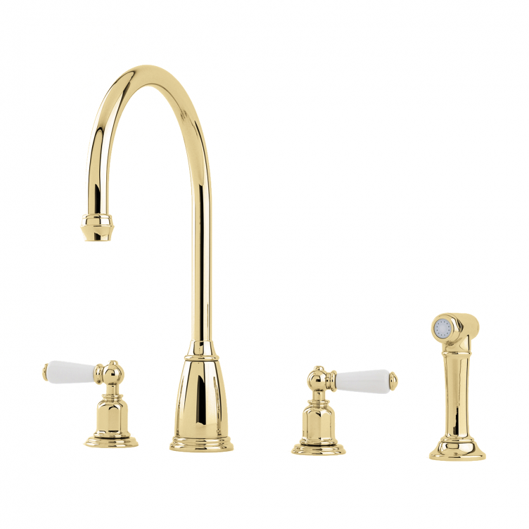 PERRIN & ROWE - Athenian four hole sink mixer with porcelain levers and spray rinse - AU4376BR QTY:1
