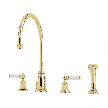 PERRIN & ROWE - Athenian four hole sink mixer with porcelain levers and spray rinse - AU4376BR QTY:1