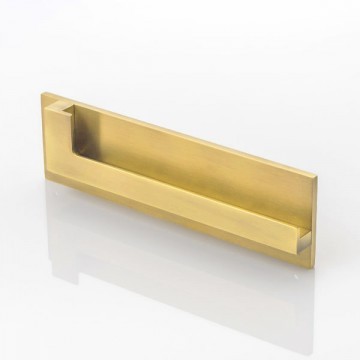 Joseph Giles - ROHE Solid Brass Recessed ‘backward L shaped’ Cabinet Handle 250mm in Brushed Brass Waxed