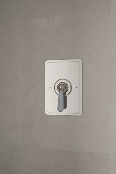 Single lever shower mixer with nickel plating and blue porcelain handle. 
