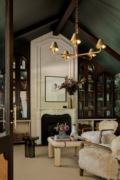 Polished brass Latchford cabinet pulls on handcrafted kitchen cabinetry at Romney House.
