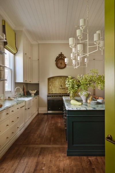 Heritage-style kitchen in Warrnambool with marble shelves and Armac Martin brass brackets