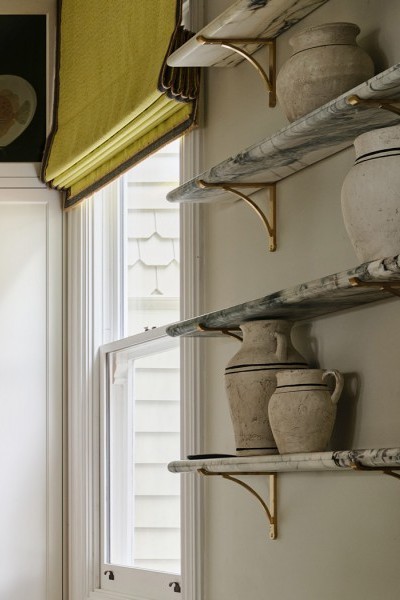 Heritage-style kitchen in Warrnambool with marble shelves and Armac Martin brass brackets with citrus soft furnishings