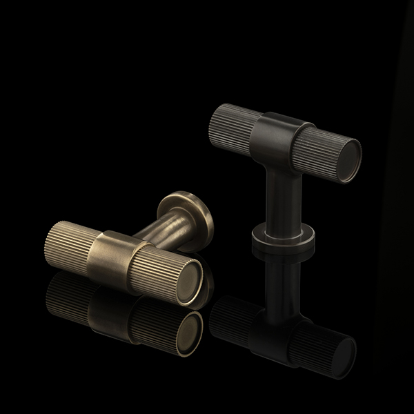 T-bar cabinet knobs with linear striped lines and smooth centrepiece from Joseph Giles. 