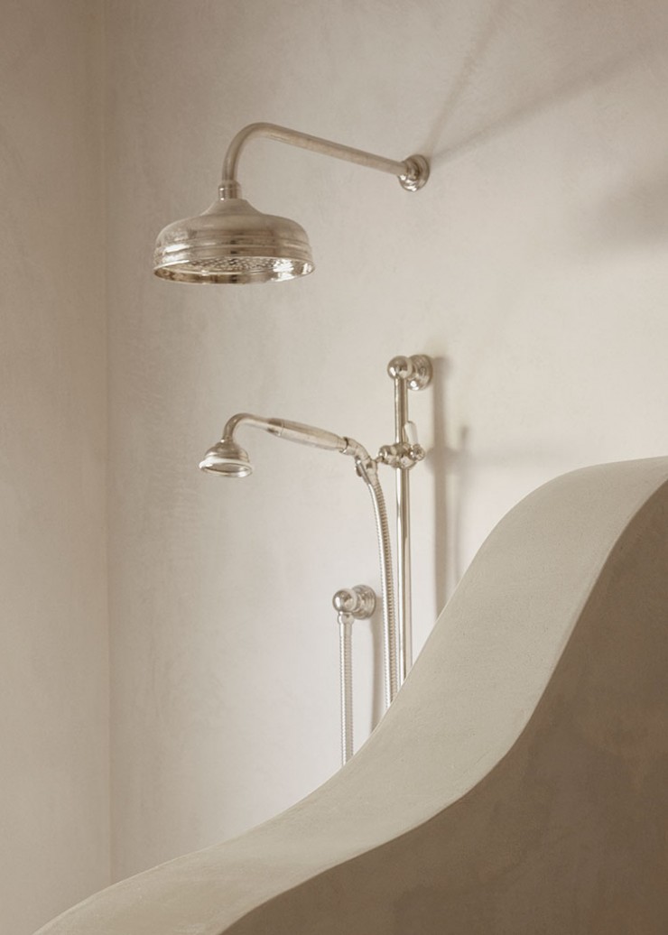 This designer bathroom is defined by its quality tap fittings in Nickel by Emily Gillis interior studio.