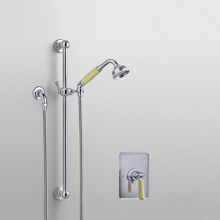 Sunshine in the bathroom with this sherbet yellow and chrome shower combo.